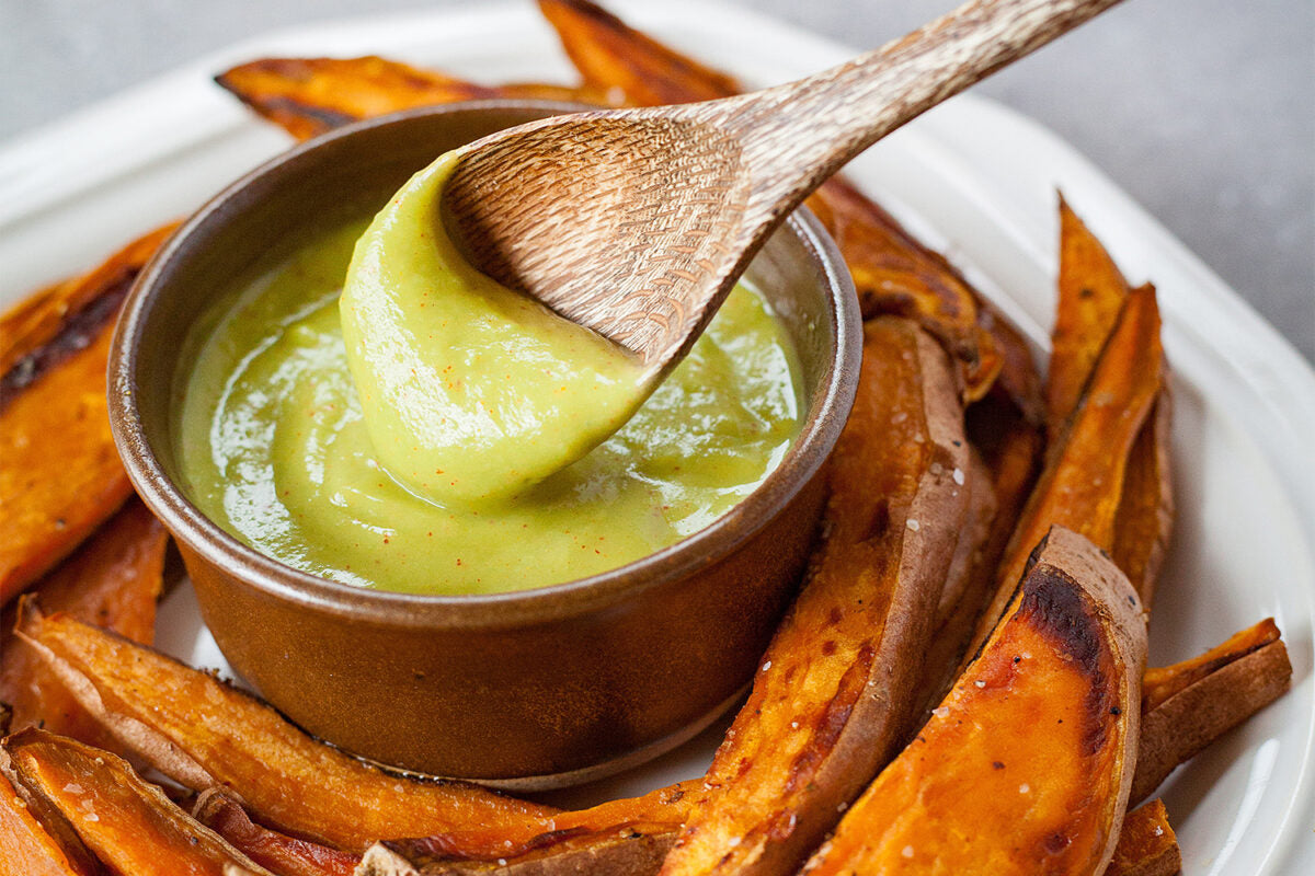 Sweet Potato Wedges with Spicy Honey Mustard Avocado Dip